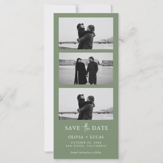 Carte Sage Green Photo Strip QR Code Enregistrer la date (Devant)