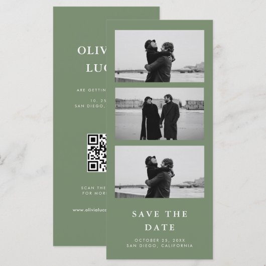 Carte Sage Green Photo Strip QR Code Mariage (Devant / Derrière)