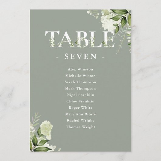 Carte Sage Greenery Typographie Plan de siège Numéro de  (Dos)