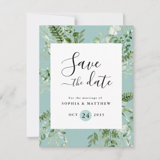 Carte Sage Léger & Eucalyptus Bleu Enregistrer La Date (Devant)