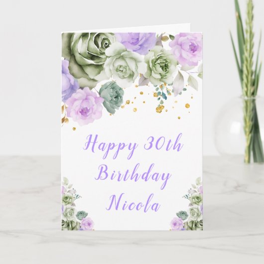 Carte Sage Vert et violet Floral Joyeux anniversaire (Devant)