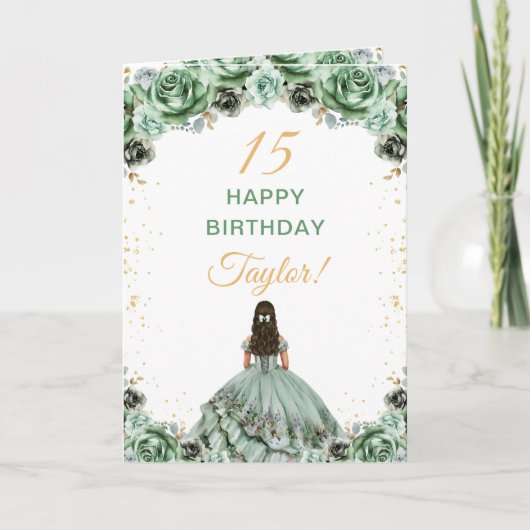 Carte Sage Vert Princesse Fleurie Joyeux Anniversaire (Devant)