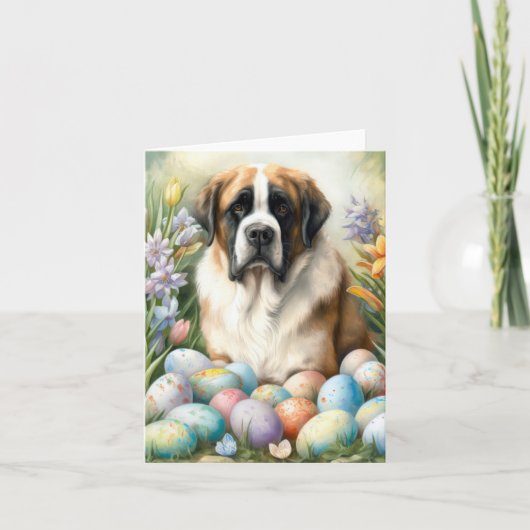 Carte Saint Bernard Chien avec Oeufs de Pâques Vacances (Devant)