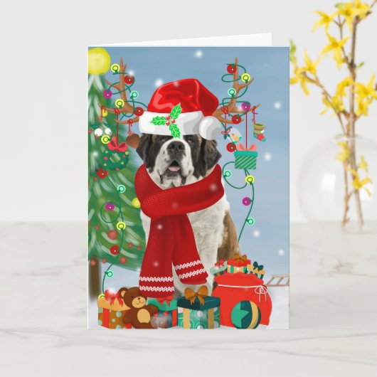 Carte Saint Bernard Chien dans la neige Noël (Fleur jaune)