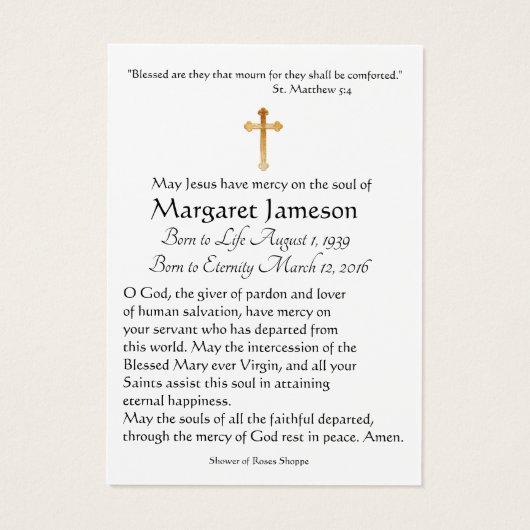 Carte Saint commémorative funéraire catholique du (Dos)