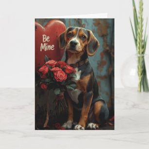 Carte Saint-Valentin Beagle joyeux avec Roses Cœurs