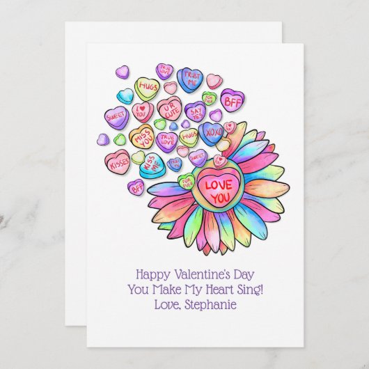 Carte Saint Valentin Candy Coeurs Fleurs Arc en ci (Devant / Derrière)