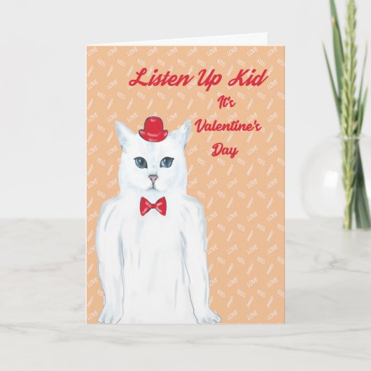 Carte Saint-Valentin Chat blanc, Casquette, Cravat (Devant)