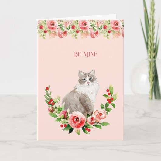 Carte Saint Valentin Féminin au Chat Fleur Rose (Devant)