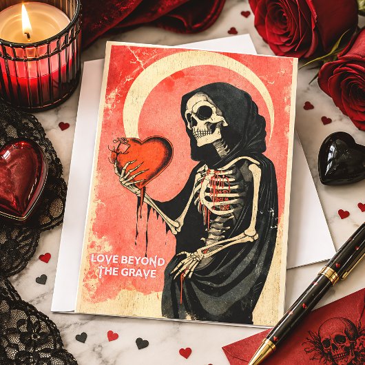Carte Saint-Valentin gothique sinistre Faucheuse avec cœ