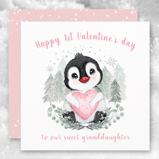 Carte Saint-Valentin rose pingouin