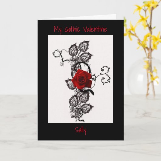 Carte Saint-Valentin rose rouge gothique (Fleur jaune)