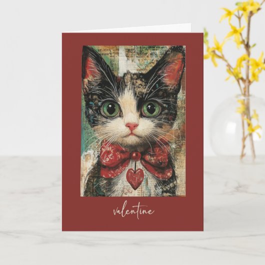 Carte Saint Valentin Whimsical Painterly Chat avec coeur (Fleur jaune)