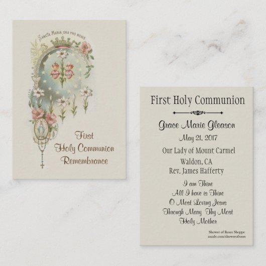 Carte Sainte catholique pour la première communion (Devant / Derrière)