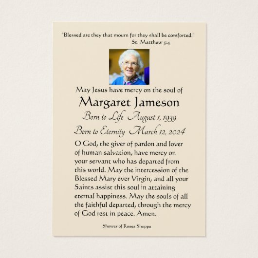 Carte sainte commémorative funèbre catholique de (Dos)