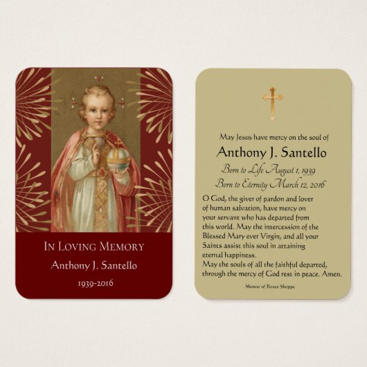 Carte sainte commémorative funèbre de Jésus de (Devant & derrière)