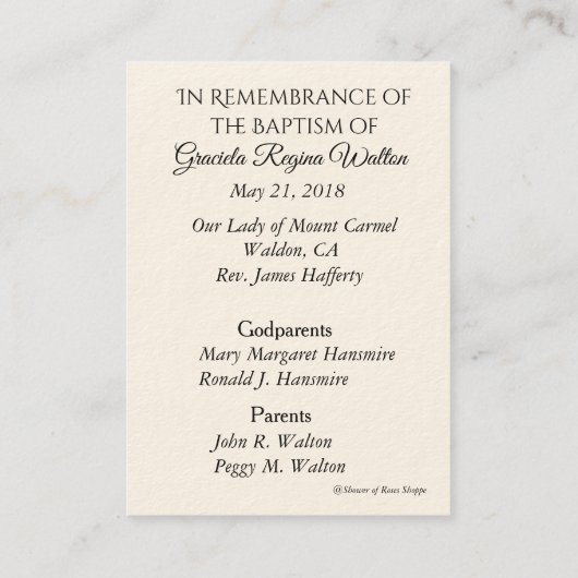 Carte sainte de souvenir de bébé de croix (Dos)