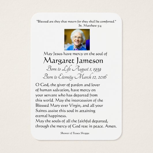 Carte Sainte du Mémorial funéraire catholique Vier (Dos)