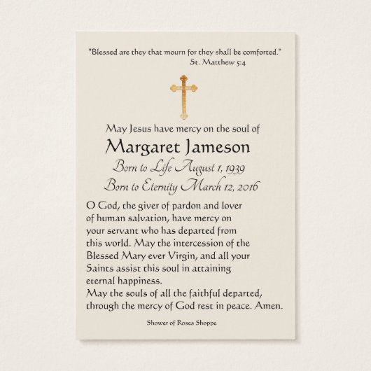 Carte Sainte du Mémorial funéraire catholique Vier (Dos)