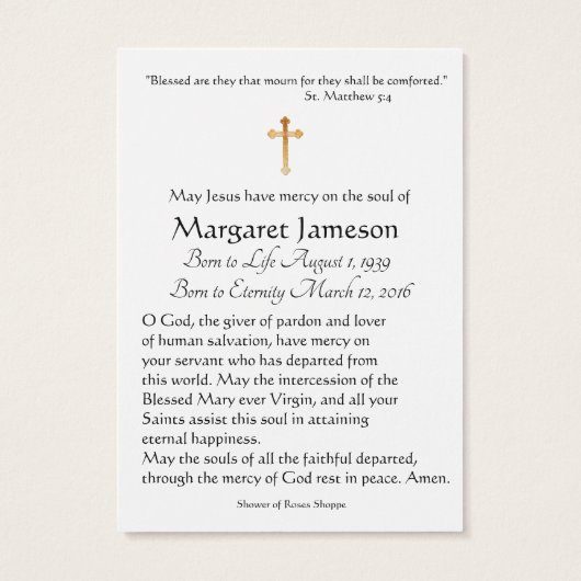 Carte Sainte du Mémorial funéraire catholique Vier (Dos)