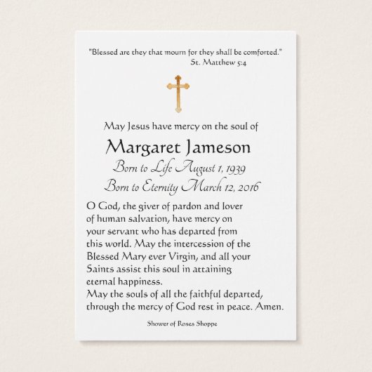 Carte Sainte du Mémorial funéraire catholique Vier (Dos)