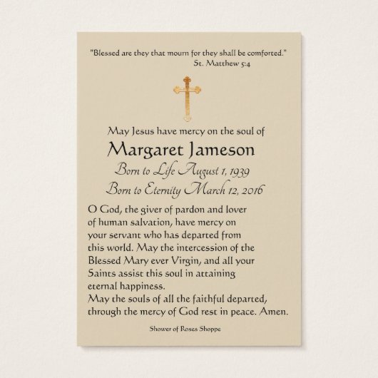 Carte Sainte du Mémorial funéraire catholique Vier (Dos)