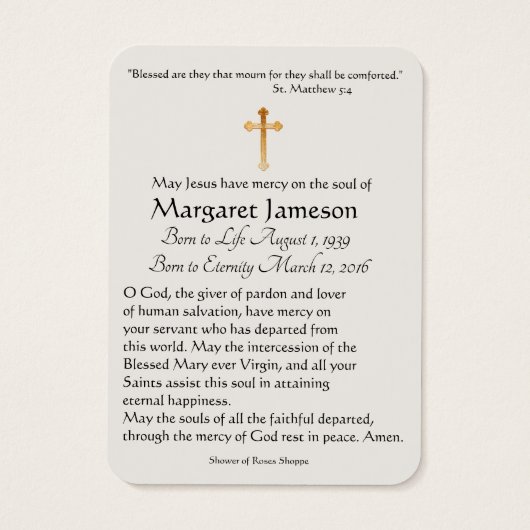 Carte Sainte du Mémorial funéraire catholique Vier (Dos)