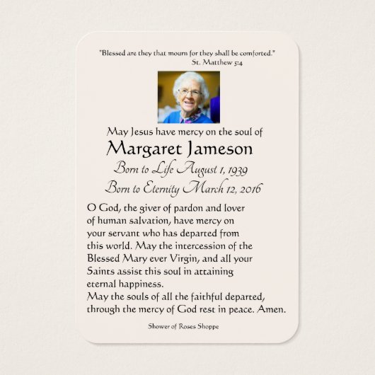 Carte Sainte du Mémorial funéraire catholique Vier (Dos)