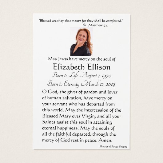 Carte Sainte du Mémorial funéraire catholique Vier (Dos)