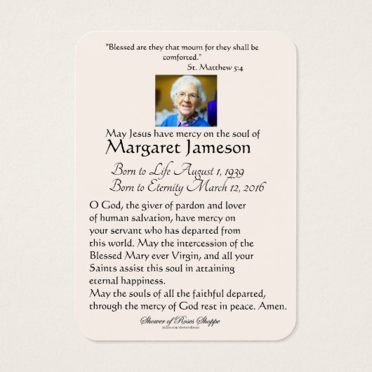 Carte Sainte du Mémorial funéraire catholique Vier (Dos)