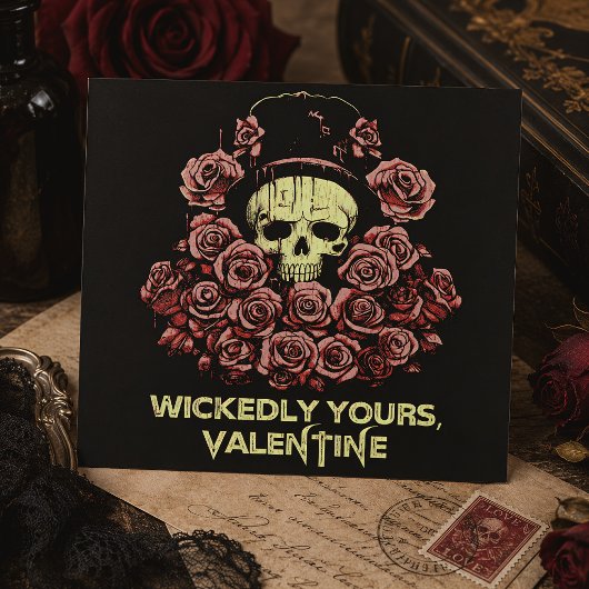 Carte Saintement vôtre Crâne & Roses Saint-Valentin goth
