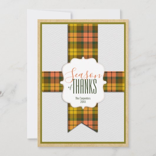 Carte Saison de Merci Fall Tartan Ribbon Thanksgiving (Devant)