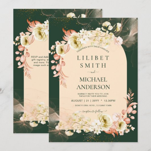 Carte Saison d'émeraude Coral Green Floral Mariage (Devant / Derrière)