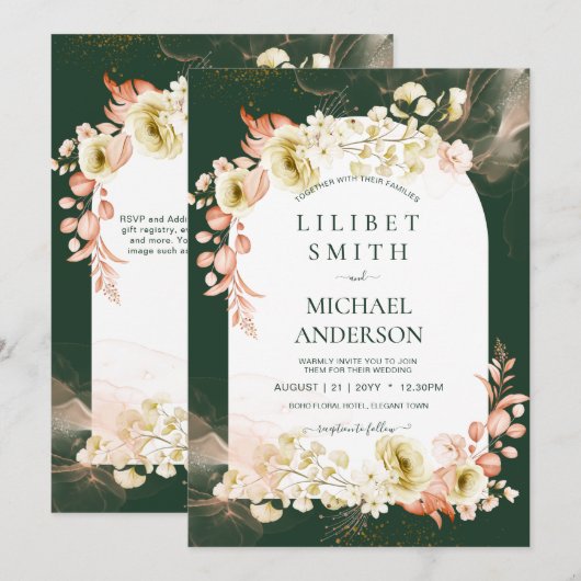 Carte Saison d'émeraude Coral Green Floral Mariage (Devant / Derrière)
