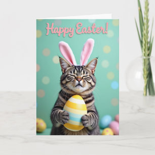 Carte saisonnière Chat heureux à l'oeuf rayé