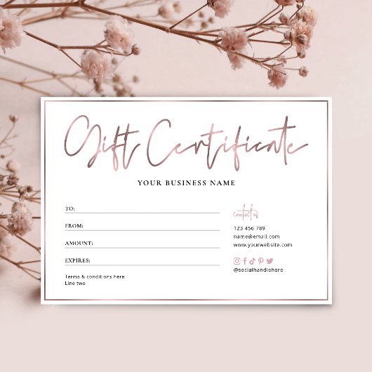 Carte Salon Chic Rose Gold Logo tendance Certificat cade