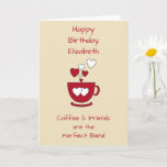 Carte Salon d'anniversaire Cream Coffee & Friends<br><div class="desc">Personnalisez cette carte de voeux d'anniversaire avec un nom et changez l'autre texte si vous préférez. Conçu dans la crème et le rouge avec une tasse de café et d'aimer les coeurs.
Pour un amoureux du café,  bon ami.</div>