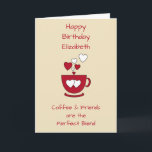 Carte Salon d'anniversaire Cream Coffee & Friends<br><div class="desc">Personnalisez cette carte de voeux d'anniversaire avec un nom et changez l'autre texte si vous préférez. Conçu dans la crème et le rouge avec une tasse de café et d'aimer les coeurs.
Pour un amoureux du café,  bon ami.</div>