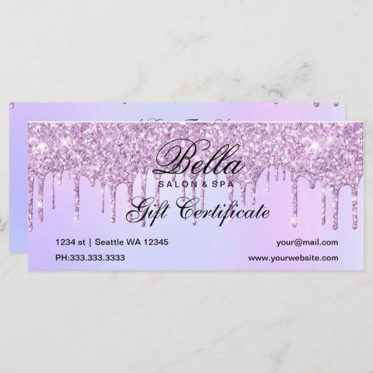 Carte Salon de Parties scintillant pourpre et certificat (Devant / Derrière)