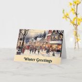 Carte Salut d'hiver, rue de ville enneigée, (Fleur jaune)