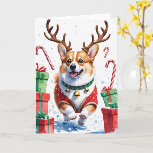 Carte Salutation de Noël de Chien Corgi (Fleur jaune)