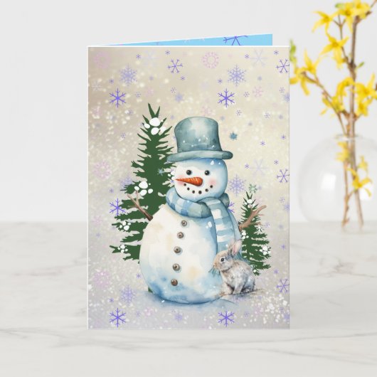Carte Salutation de Noël "Snowman in Falling Snow" (Fleur jaune)
