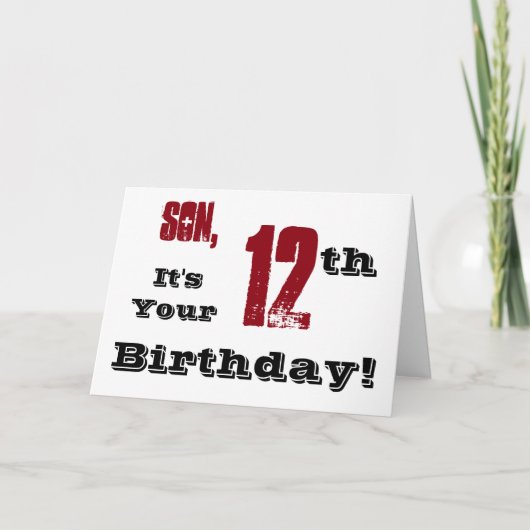 Carte Salutation de son 12e anniversaire en noir, rouge, (Devant)