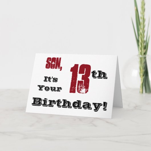 Carte Salutation de son 13e anniversaire en noir, rouge, (Devant)
