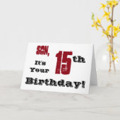 Carte Salutation de son 15e anniversaire en noir, rouge, (Fleur jaune)