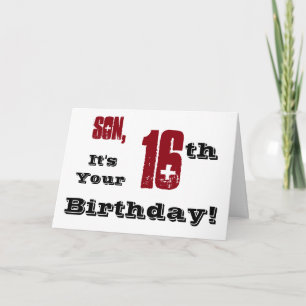 Carte Salutation de son 16e anniversaire en noir, rouge,