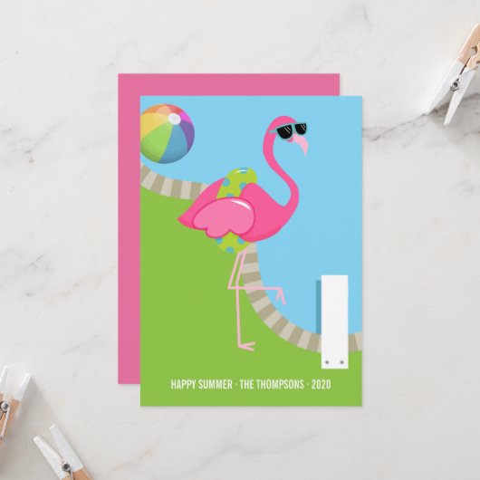 Carte Salutation d'été cool Flamant rose rose (Devant/Arrière en situation)