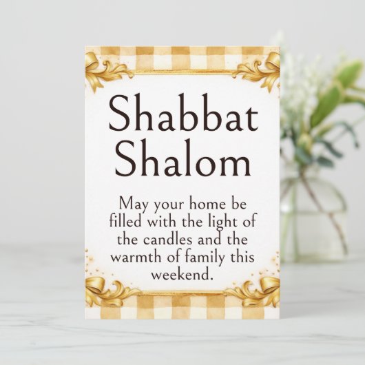 Carte Salutation Shabbat Shalom, Gingham Brun Blanc Or (Debout devant)