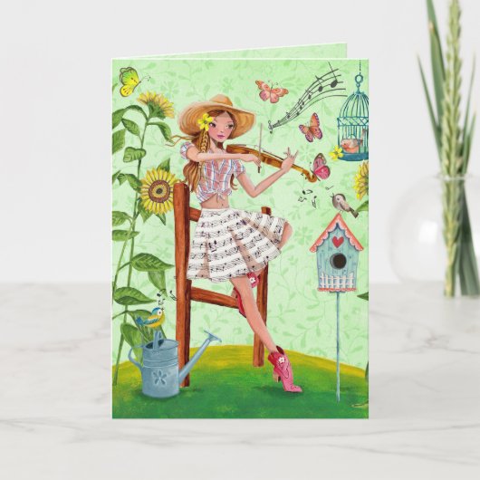 Carte Salutation verte élégante d'été de fille et de (Devant)