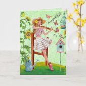 Carte Salutation verte élégante d'été de fille et de (Fleur jaune)